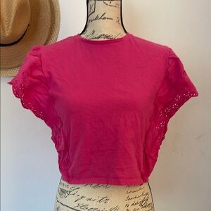 ZARA | Women’s Hot Pink Ruffled Flutter Sleeve Crop Top Size  Small